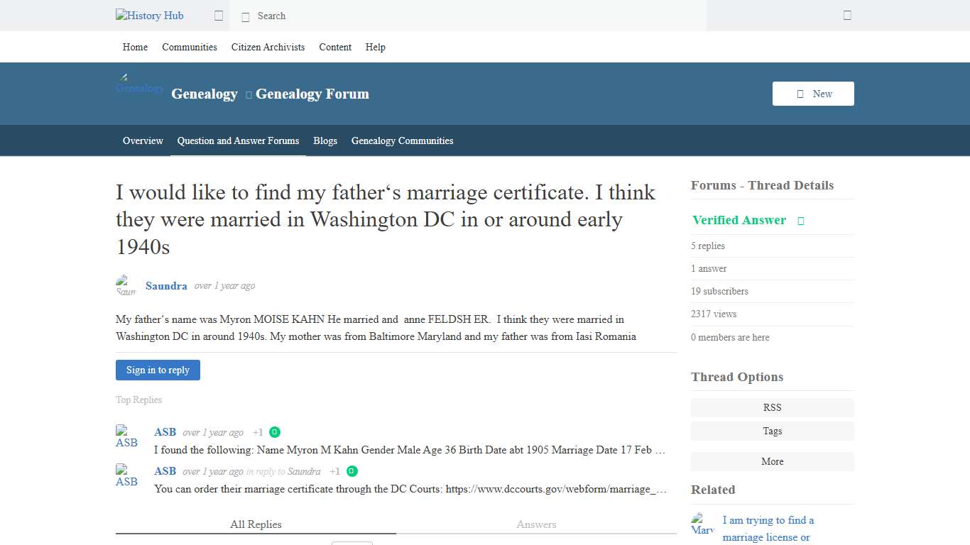 I would like to find my father‘s marriage certificate. I think they were married in Washington DC in or around early 1940s - Genealogy Forum - Genealogy - History Hub