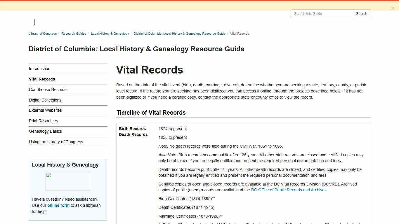 Vital Records - District of Columbia: Local History & Genealogy Resource Guide - Research Guides at Library of Congress